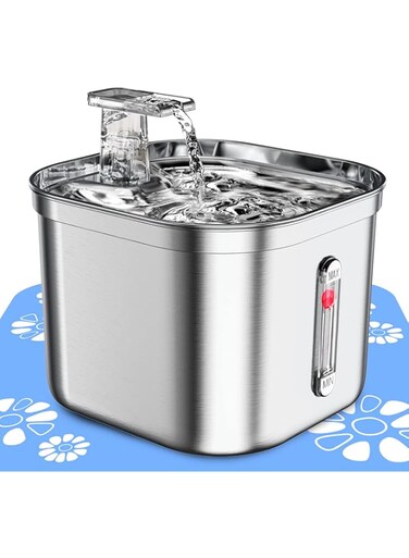 MISFANS Pet Water Fountain Stainless Steel,74oz/2.2L Automatic Water Dispenser with Water Level, Replacement Filter Kit and Silicone Mat Suitable for Cat, Dogs