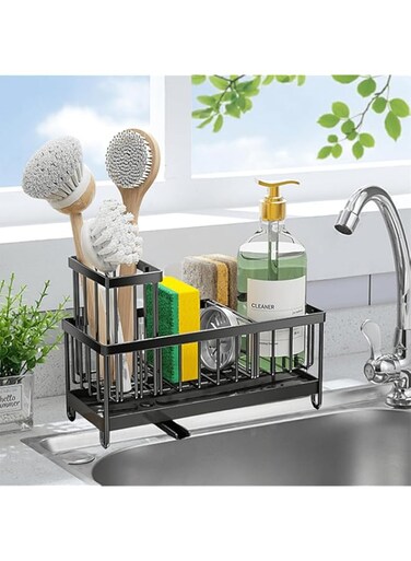 Kitchen Sink Caddy, Kitchen Sponge Holder with Auto Draining Tray,Kitchen Sink Organizer with Brush Holder,Rustproof 304 Stainless Steel Dish Soap Holder for Kitchen Sink (black)