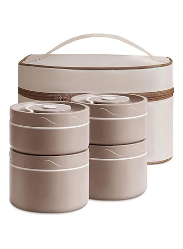 Insulated Bento Box, 4 Individual Stackable Portable 304 Stainless Steel Lunch Box with Bag, Microwave Thermal Keep Warm Leakproof Food Lunch Container Box for Adults Kids Men Women (4PCS, Brown)