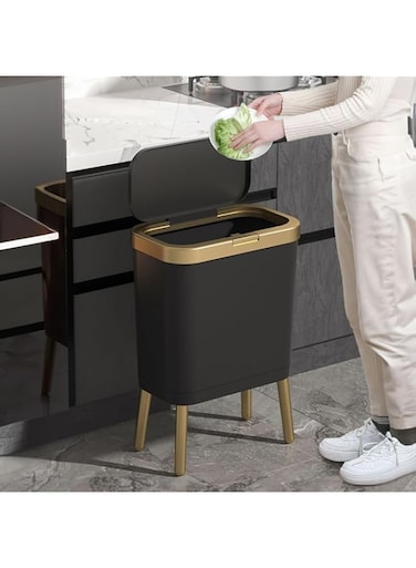BIOPLJ 15L Slim Square Black Plastic Trash Can with Push Button Lid, High Foot Design for Kitchen, Bathroom, Office