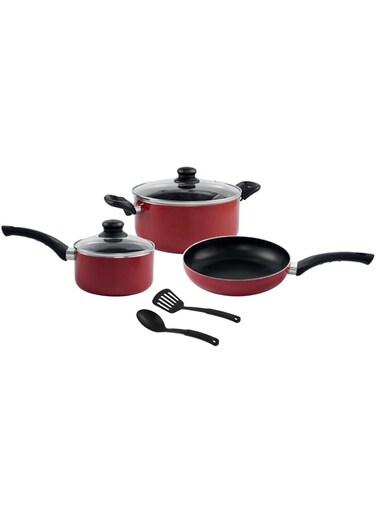 BLACKSTONE 7 Piece Non Stick Cookware Set Red, Aluminum Tempered Glass Lids Cooking Pot/Sause pan/Fry pan/Spatula BL070