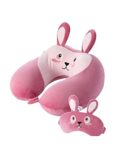 Memory Foam Animal Travel Pillow, Comfortable Neck Pillow with Cute Eye Mask Lightweight Traveling Pillow for Airplane, Car, Train, Bus and Home Use (Bunny)
