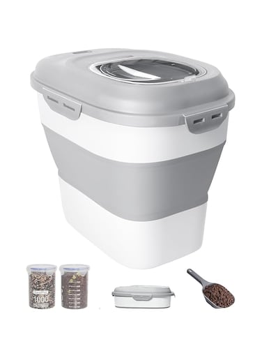 Hcosmy 30-35 Lbs Dog Food Storage Container Collapsible Dog Food Container with Airtight Lids, Wheels, Scoop and 2pcs Food Storage Containers, Large Pet food storage for Dog, Cat (Gray)