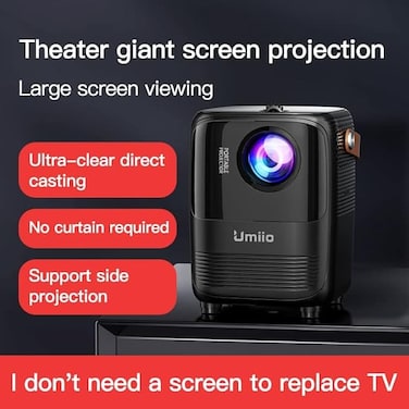 Umiio A008 Intelligent Screen Projector 5G WiFi Bluetooth Quadrangle Trapezoid 1080P Android Projector For Move Music TV Game Casting (Black)