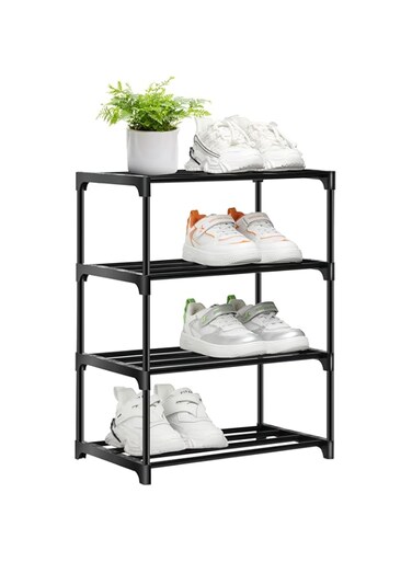 OLYREO Shoe Rack, Stackable Small Shoe Rack 4 Tier, Footware Storage, Slim Shoe Rack Storage Organizer, Black Shoe Stand for Hallway, Bedroom,Quick Assembly (All Black, 4 Tier)