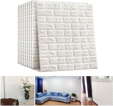 PE foam 3D wall tile pattern self-adhesive anti-collision waterproof wall sticker (70x77cm) (Bundle of 10pcs white)