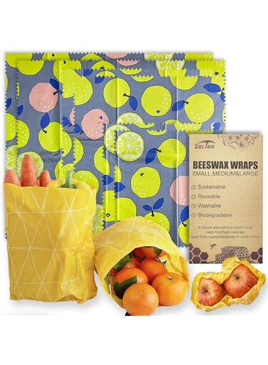 Beeswax Reusable Food Wraps - (6 Packs, 3 Sizes S,M,L, with 2 Meter Hemp Rope, Two Buttons) Plastic and Silicone Free, Eco-friendly Wrap, Wax Paper for Food,Pear