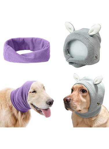 YolentQuiet Ears for Dogs Anxiety Barking Dog Ear Covers Muffs Snood for Noise 2PCS Dog Ear Hearing Earmuffs Fireworks Protection Anti Anxiety Dog Hat for Medium to Large Dogs (Gray+Purple)