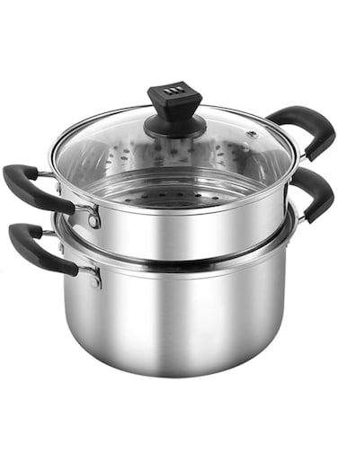 Masroo 3 Piece Premium Heavy Duty Stainless Steel Steamer Pot Set Includes 3400ml Cooking Pot, 2200ml Steamer Insert and Vented Glass Lid   Stack and Steam Pot Set for All Cooking Surfaces