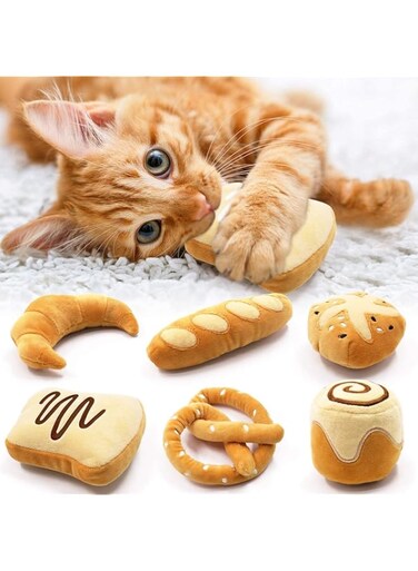 Highdas Bread Catnip Toys Cat Toys for Indoor Cats Interactive Toys for Cat Lover Gifts Kitten Chew Bite Kick Toys Baguette Croissant Pretzel Toast Bun Cinnamon Roll Plush Catmint Pet Birthday Present