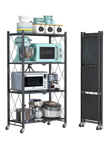 4-Tier Folding Storage Unit with Wheel Heavy Duty Storage Unit for Kitchen Garage Bathroom Organizer Black