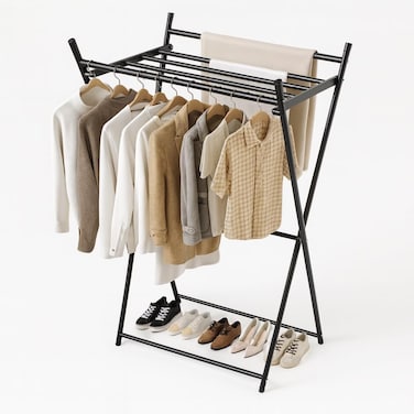 Foldable Clothes Drying Rack with Shoe Storage &ndash; Multi-Purpose Metal Garment Organizer for Bedroom &amp; Laundry, Space-Saving Hanger Stand for Clothes, Towels &amp; Shoes, Clothes Drying Stand Black