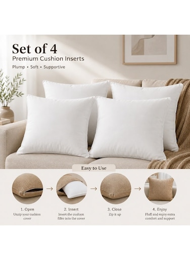 auraa Essential 4-Piece Cushion Fillers 45x45 cm &acirc;&euro;&ldquo; Fluffy and Durable with Polyster Outer Fabric and premium Microfiber&acirc;&euro;&ldquo; Ideal for Living Room &amp; Bedroom Styling