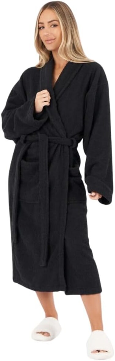1CHASE 100% Cotton Shawl Bathrobe for Women and Men, Terry Bathrobe Hotel and Spa quality, Highly Absorbent And Light Weight With Pockets- Unisex (L/XL) (Black)