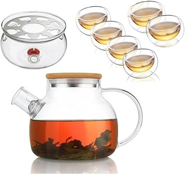1CHASE Borosilicate Glass Teapot with Bamboo Lid 1000 ML with Tea Warmer and 80 ml Double Wall Glass 6 Pc