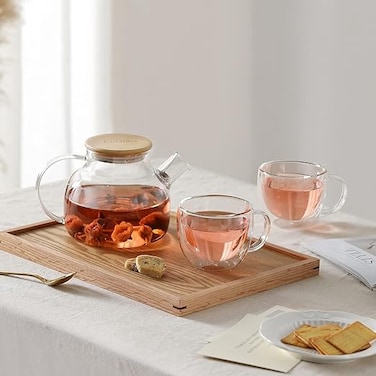 1CHASE Borosilicate Glass Teapot with Bamboo Lid and Removable Infuser 1000ML, Double Wall Glass Coffee Cups Handle 250 ML (2 Pcs)