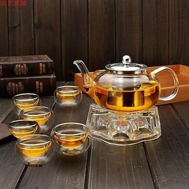 1CHASE Borosilicate Glass Teapot 1500 ML with Heart Shape Tea Warmer and Double Wall Glass 80 ML (6 Pcs)