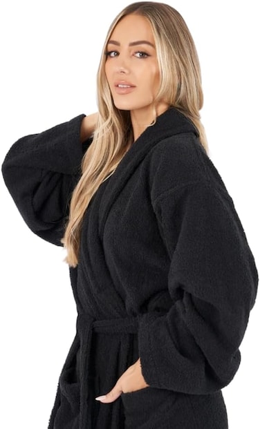 1CHASE 100% Cotton Shawl Bathrobe for Women and Men, Terry Bathrobe Hotel and Spa quality, Highly Absorbent And Light Weight With Pockets (UAE/KSA, Numeric, 36, 38, Regular, Regular, S/M, Black)