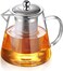 1CHASE Borosilicate Glass Teapot with Infuser (950 ML) &amp; Double Wall Tea Coffee Cups (Set of 6, 80 ML) - Clear Glass Drinkware for Espresso, Americano, Loose Leaf &amp; Blooming Tea Maker