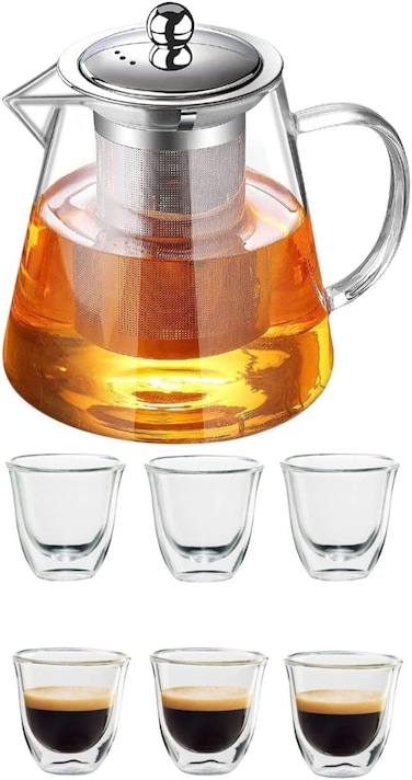 1CHASE Borosilicate Glass Teapot with Infuser (950 ML) &amp; Double Wall Tea Coffee Cups (Set of 6, 80 ML) - Clear Glass Drinkware for Espresso, Americano, Loose Leaf &amp; Blooming Tea Maker