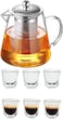 1CHASE Borosilicate Glass Teapot with Infuser (950 ML) &amp; Double Wall Tea Coffee Cups (Set of 6, 80 ML) - Clear Glass Drinkware for Espresso, Americano, Loose Leaf &amp; Blooming Tea Maker