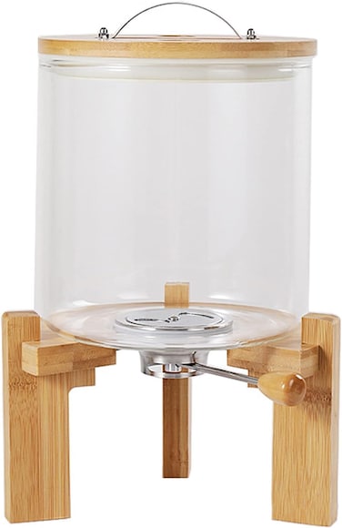 1CHASE Borosilicate Glass Rice Dispenser with Wooden Stand - 5L/8L Flour and Cereal Container with Airtight Bamboo Lid, Glass Measuring Cup, and Multipurpose Storage for Kitchen - 5L (5L)