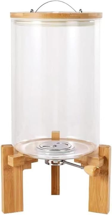 1CHASE Borosilicate Glass Rice Dispenser with Wooden Stand - 5L/8L Flour and Cereal Container with Airtight Bamboo Lid, Glass Measuring Cup, and Multipurpose Storage for Kitchen (8L)