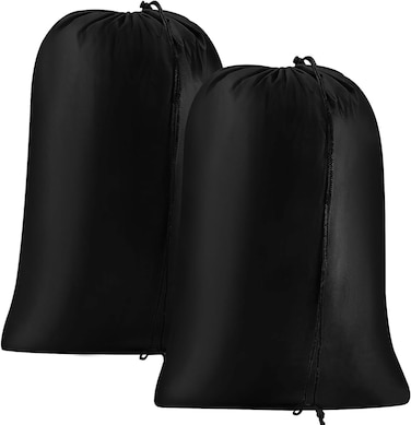 1CHASE Super XXL Heavy Duty Oxford Dirty Clothes Travel Drawstring Bags Storage Sack, 55x43"Nylon Easy fit Laundry Hamper and Basket 110 X 140 CM (Machine Washable, Black) Pack of 2