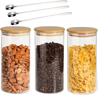 1CHASE&reg; Borosilicate Glass Food Storage Jars, Air Tight Kitchen Food Storage Container Set with Natural Bamboo Lids / 3 pcs Spoon for Candy Cookie Rice Sugar Flour Pasta Nuts,1200 ML 3Pcs Set (3)
