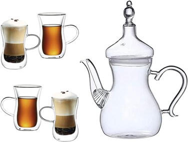 1Chase Heat-Resistant High Borosilicated Arabic Style Clear Glass Teapot 1000 ML With Double Wall Arabic Style Glass Cups, Suitable For Tea And Coffee Set Of 4 Pcs 100ML