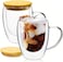 1CHASE Double Walled Glass Coffee Cups with Handle and with Bamboo Lid, Insulated Coffee Mugs Perfect for Cappuccino, Macchiato, Latte, Tea, Juice, Iced &amp; Hot Pack Of 2 (350ML)
