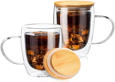 1CHASE Double Walled Glass Coffee Cups with Handle and with Bamboo Lid, Insulated Coffee Mugs Perfect for Cappuccino, Macchiato, Latte, Tea, Juice, Iced &amp; Hot Pack Of 2 (350ML)