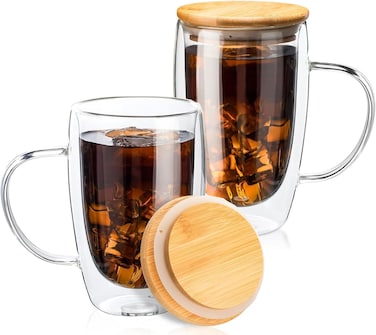 1CHASE Double Walled Glass Coffee Cups with Handle and with Bamboo Lid 450ml, Insulated Coffee Mugs Perfect for Cappuccino, Macchiato, Latte, Tea, Juice, Iced &amp; Hot Pack Of 2 (450ML)