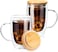 1CHASE Double Walled Glass Coffee Cups with Handle and with Bamboo Lid 450ml, Insulated Coffee Mugs Perfect for Cappuccino, Macchiato, Latte, Tea, Juice, Iced &amp; Hot Pack Of 2 (450ML)