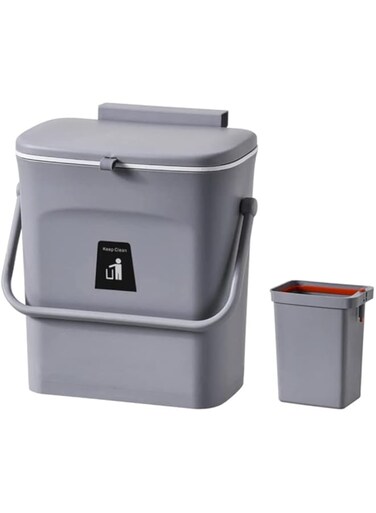 Upgraded 2.4 Gallon Kitchen Compost Bin with Inner Bucket, Hanging Small Trash Can with Lid for Under Sink, Cupboard, Bathroom, Bedroom, Office, Camping, Mountable Indoor Compost Bucket, Gray