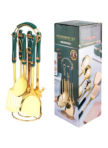 SHOWAY Stainless Steel Kitchen Utensil Set, 7 Piece Gold Premium Cookware Set with Storage Rack and Ceramic Handles, Stainless Steel Cookware Kitchen Utensil Set Gift (Green)