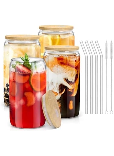 Glass Cups with Bamboo Lids and Straws, 16OZ Ice Coffee Cup, Drinking Cup set with Wooden Lids, Home Essential Glass Tumblers for Beer, Cocktail, Tea and Latte (4 Pack)