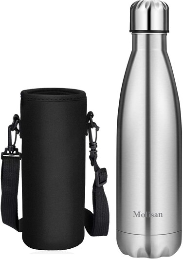 MOLISAN Stainless Steel Water Bottle, 500ml Double Walled Vacuum Flask with Pouch, BPA Free 12 Hours Hot&amp;Cold Sport Drink Bottle for Gym, Home, Office, Outdoor, Work (500ML, Silver)
