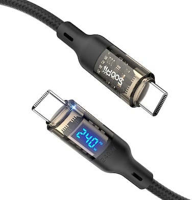 SOOPII 240W USB C to USB C Cable[1.2m],Fast Charging USB C Cable with LED Display for MacBook Pro,lPhone15/15Pro/15ProMax,Galaxy S23+/S23Ultra/S22Ultra,etc,Transparent Shell,(Black)