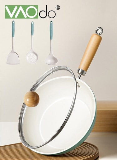 Ceramic Nonstick Frying Pan Skillet with Lid and Spatula 24cm Large Deep Cooking Pot 5 Suitable for all stoves Non Toxic Cooking Stockpot with Heat Resistant Handle PFAS-Free