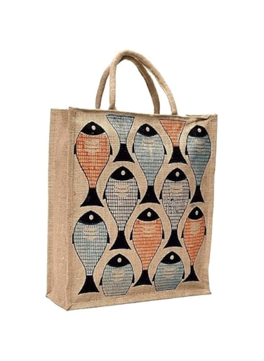 rabarikaa Eco Friendly Jute Reusable, Washable, Multi Purpose Bag with Zip Closer and Long Handle for Tiffin, Shopping, Grocery, Hand Bag for Men, Women - Brown
