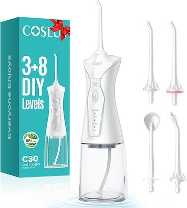 COSLUS E40 Water Flosser for Teeth, Braces, Gums Care - Advanced 10 Pressure Settings for Multiple Users, 300ML, BPA-Free, IPX7 Waterproof, Rechargeable Portable for Home &amp; Travel, White