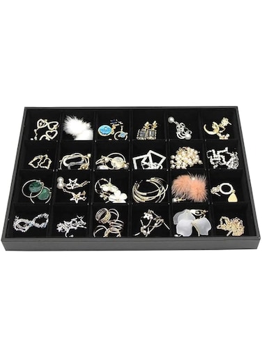 Khazna Jewelry Tray Organizer, Necklace Pendant Organizer Watch Storage Rings Earrings Bracelet Organizer Tray Showcase Display Velvet Stackable Jewelry Storage (BLACK) (24 Grids)
