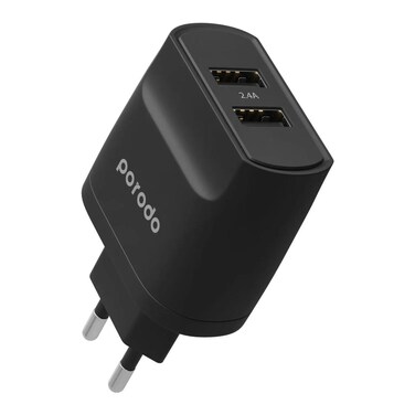 Porodo Blue 2-Pin Dual Port Wall Charger 12W 2.4A EU Plug Fast Charging Adapter for Smartphones &amp; Devices