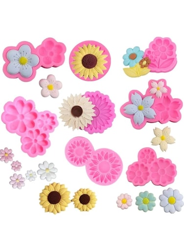 Flower Silicone Mold Set Sunflower Chrysanthemum Cherry Blossoms Plum Blossoms and Small Flower Silicone Molds for Candy Chocolate Fondant Polymer Clay Soap Crafting Projects Cake Decoration 8Pcs