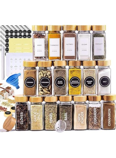 Idrese Glass Spice Jars with Label, 120ML - 24 Pack Bamboo Spice Jars, Spice Bottles Empty Glass with Labels, . Containers with Labels, Spice Containers with Labels, . Organizer Jars