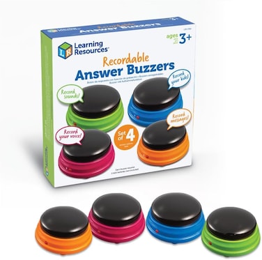 Learning Resources Recordable Answer Buzzers, Personalized Sound Buzzer, Recordable Buttons, Set of 4, Ages 3+