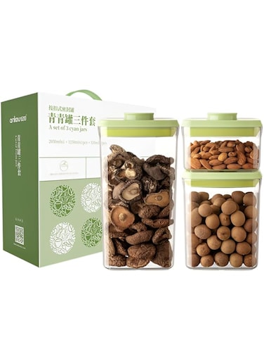 Kitty Pop Up Lid Food Storage Containers: One Touch Baby Milk Powder Dispenser, Clear Storage Airtight for Pantry Kitchen, Pop Containers for Organizing (Green 3pcs set 520ml+1250ml+2050ml)