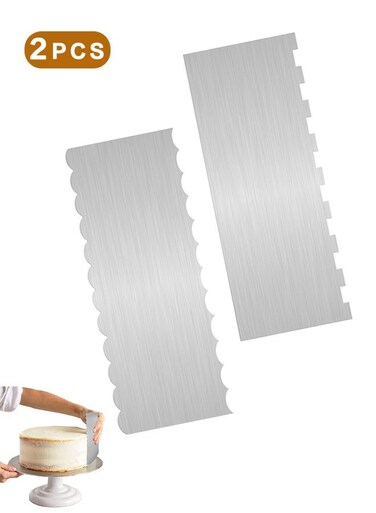 Life 2 Pcs Stainless Steel Cake Scraper, Cake Decorating Tools Edge Side Jagged Wave Double Sided Patterned Comb Metal Cake Carving Smoothing Cream Pastry Baking
