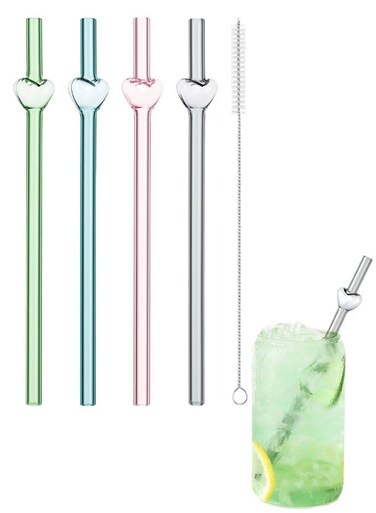 Heart Shape Glass Straws, Reusable Drinking Set,Perfect For Cocktails, Iced Coffee And Cold Beverages, Heat-Resistant And Dishwasher Safe
